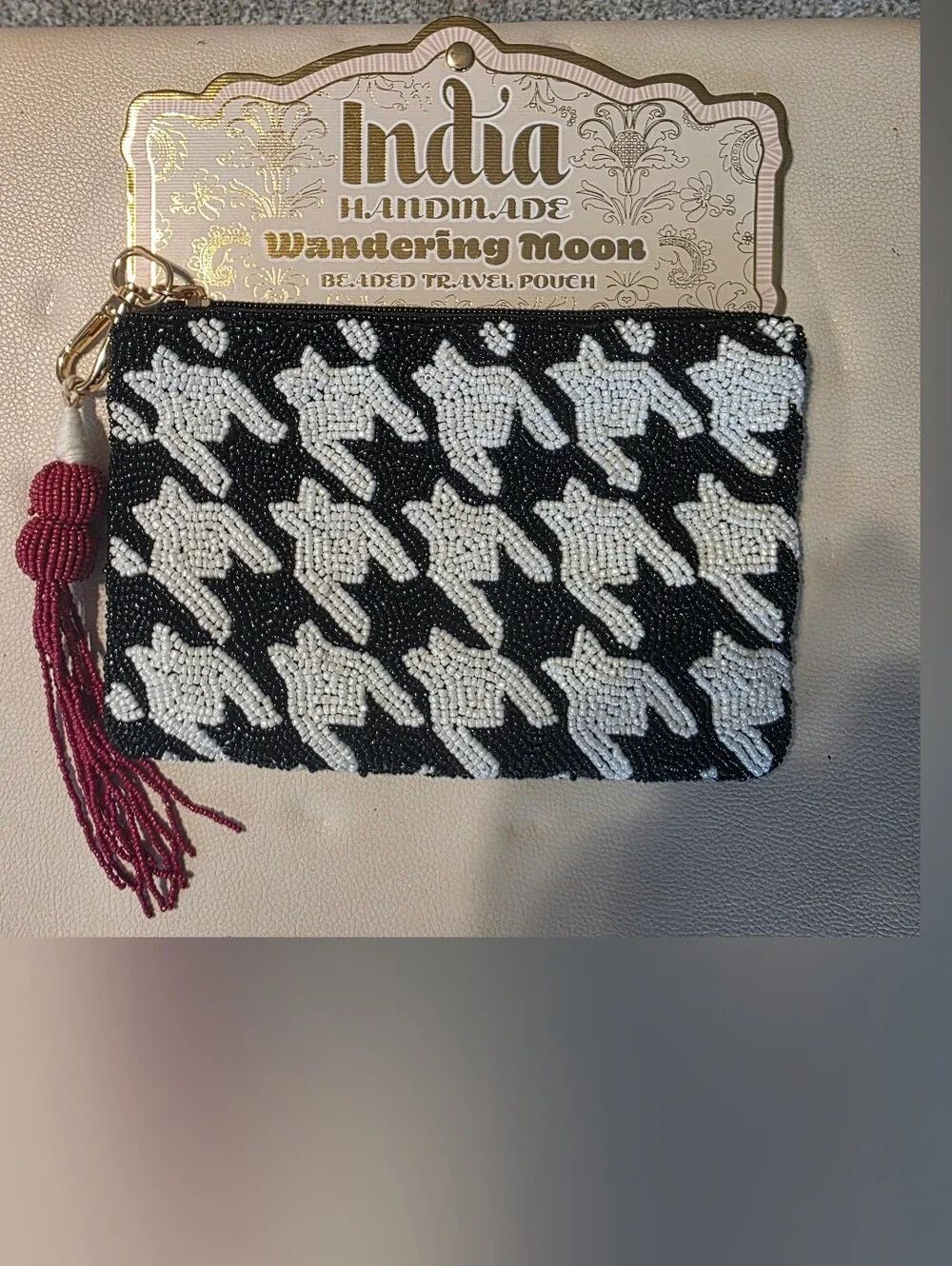India Handmade 'Wandering Moon' Beaded Black & White Pouch with Maroon Tassel